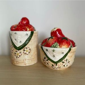 2 Strawberry Canister Set Picnic Vintage Kitchen Springs Summer Fruit Sugar
